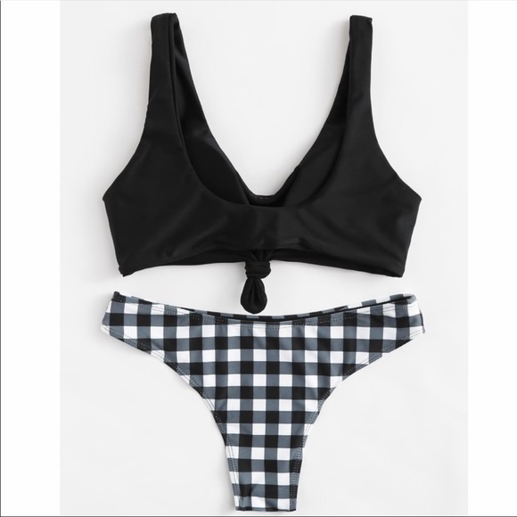 ✂️ NEW Tie Crop Tank Cheeky Gingham Bottoms Black - Picture 4 of 4